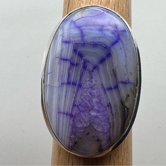 New Purple Enhanced Botswana Agate Dragon Vein Silver Overlay Ring Size 8 - Picture 9 of 9